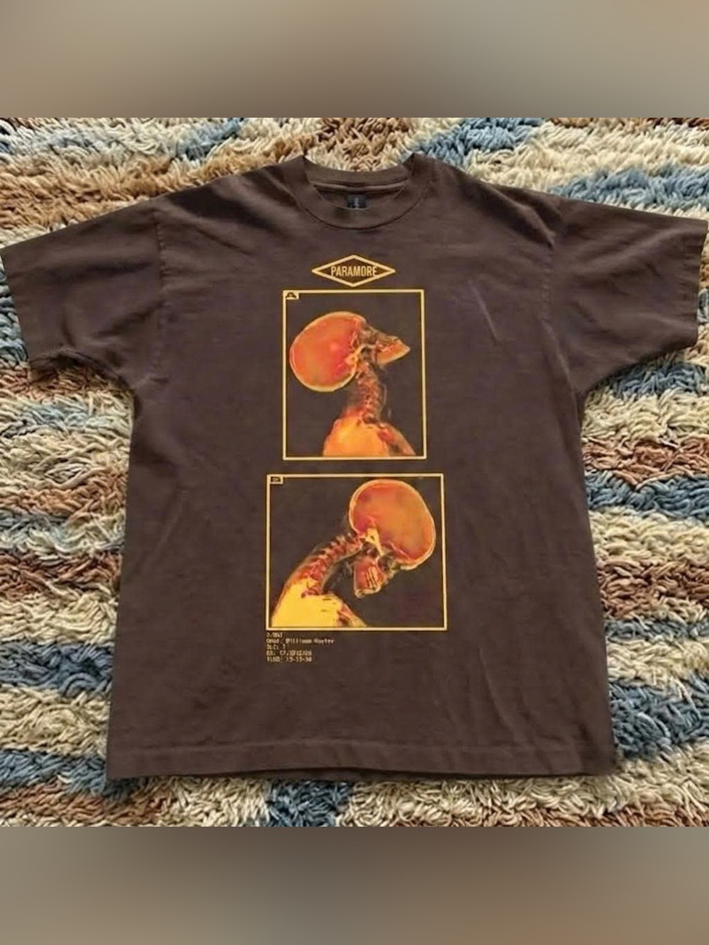 Vintage Brown Paramore Short Sleeve Tee with Yellow X-Ray Skull Prints